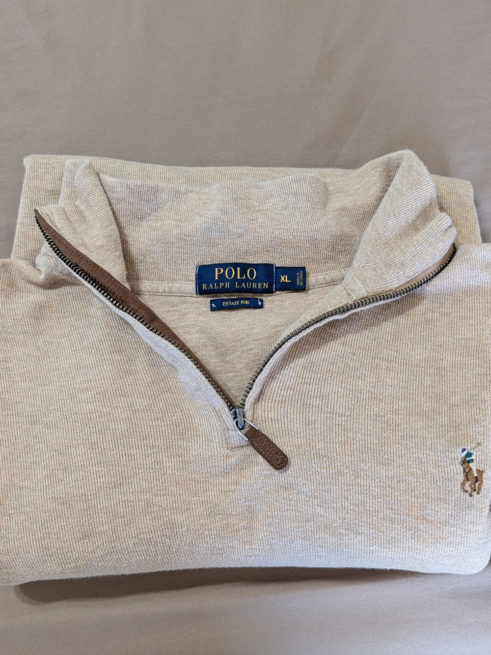 Polo by Ralph Lauren Men’s Beige Half-Zip Sweater with Embroidered Pony